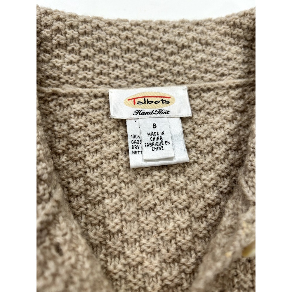 VTG Talbots 100% wool coastal beachy summer hand knit cardigan tan oatmeal small - Picture 3 of 9
